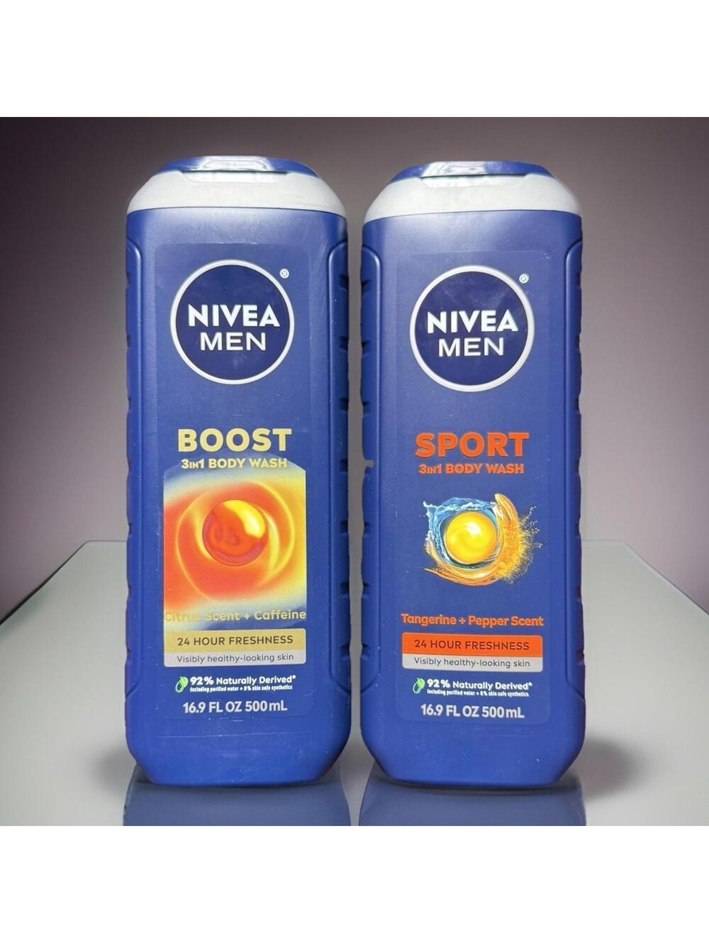 NIVEA MEN Body Wash‎ 3-in-1 BOOST & SPORT 16.9oz Each Lot Of 2